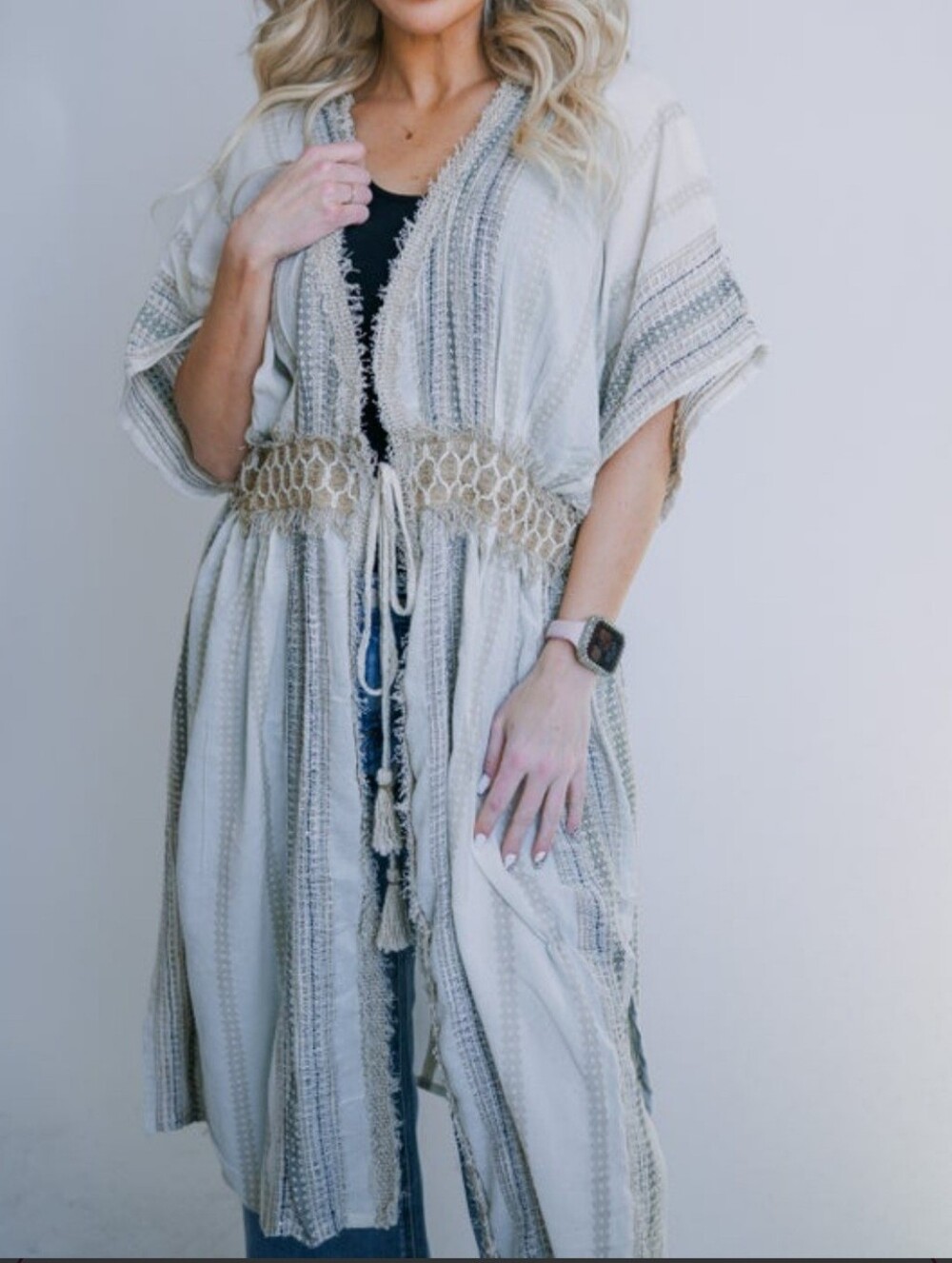 Driftwood Kimono Cream and Beige Striped Open Front Tunic with Crochet Waist